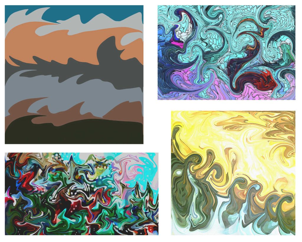 four abstract artworks depicting turbulence 