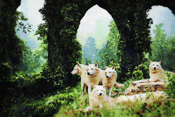 A pack of white wolves stand guard over the overgrown ruins of a castle.  Art print by artist Shelli Fitzpatrick. 