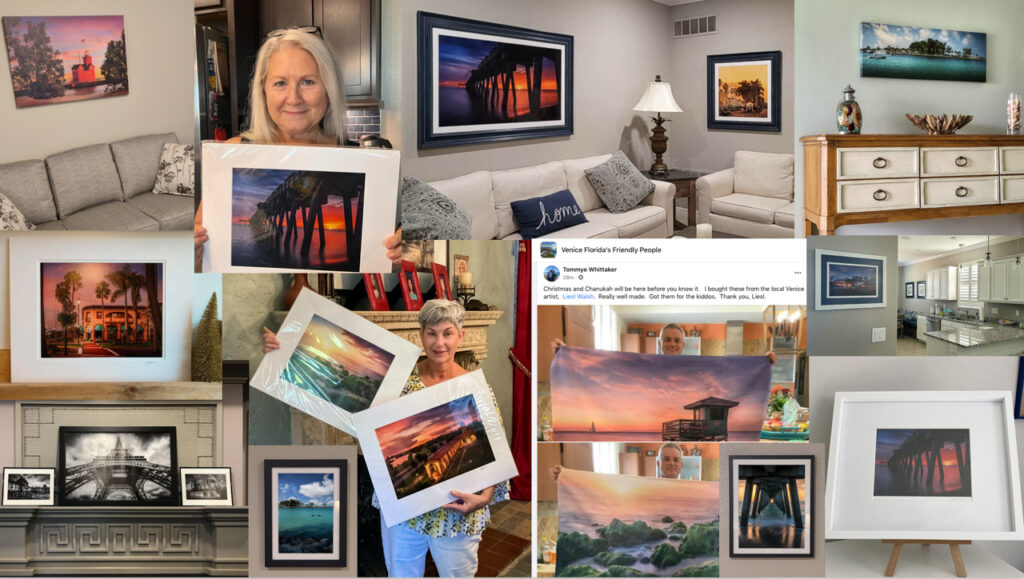 Collage of clients holding prints purchased from Liesl Walsh Photography. See matted prints and framed prints held by clients and prints hanging on walls of client homes.