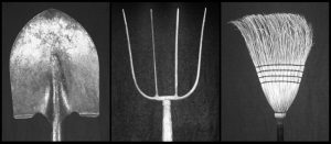 A variety of old and well used agricultural and garden tools in Black and White. The original of this image was done on film with a 1948 Graflex RB, Series B Single Lens Reflex Camera. The image is pretty much as is. Besides some dust removal, no digital manipulation was applied on either of the 3 separate images. 