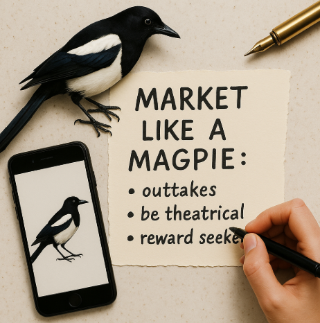 Market Like A Magpie. An image of a magpie with a mobile phone next to it and marketing ideas
