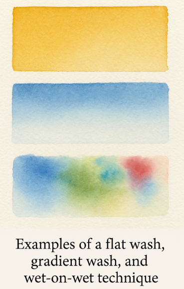 Examples of a flat wash, gradient wash, and wet-on-wet technique.