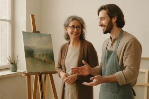 Two artists in a light, friendly studio discussing a painting with warmth and respect.