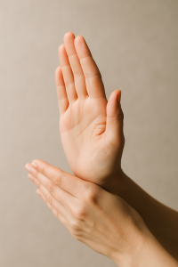 Hands forming a gentle stop gesture, soft studio light