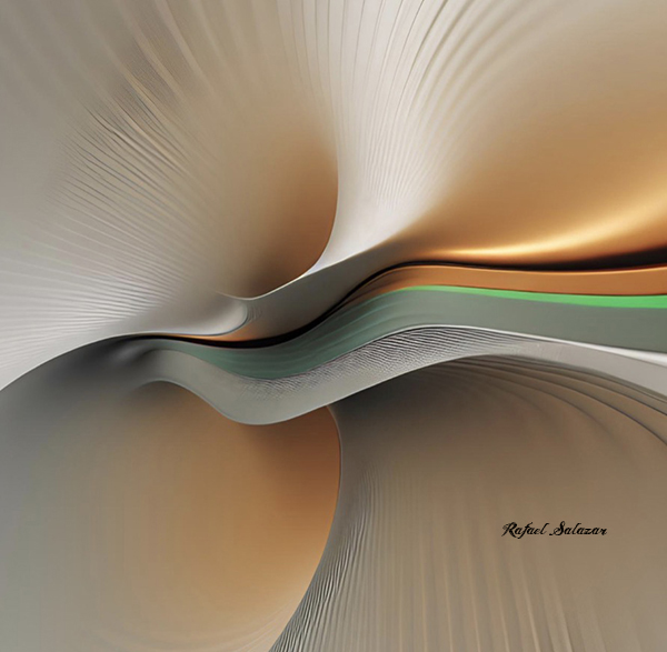 Abstract Motionalism artwork by Rafael Salazar featuring flowing cream, bronze, black, and green forms in continuous curved motion.