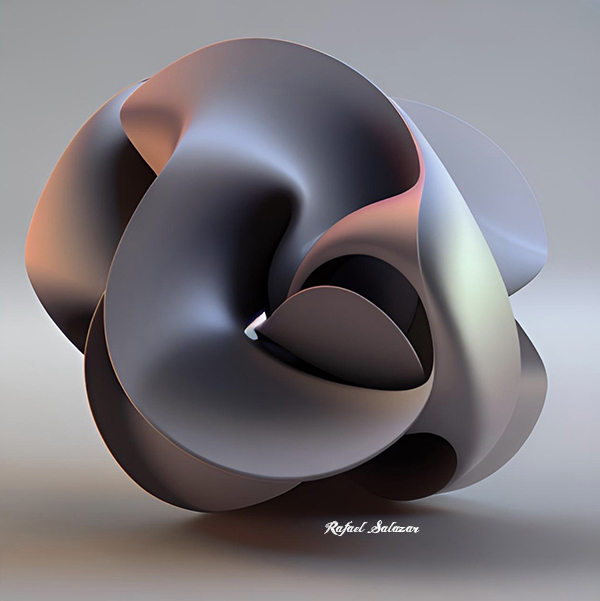 Sculptural abstract artwork by Rafael Salazar composed of dark metallic curved forms with subtle warm and iridescent highlights.