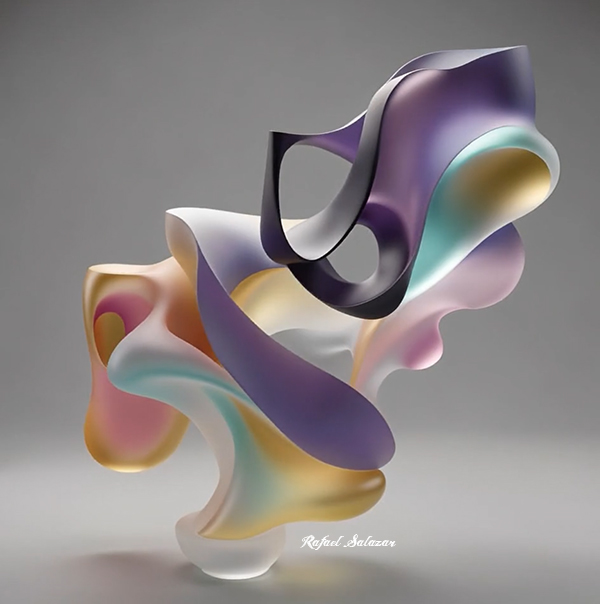 Abstract sculptural artwork by Rafael Salazar with flowing pastel purple, turquoise, pink, gold, and white organic forms.