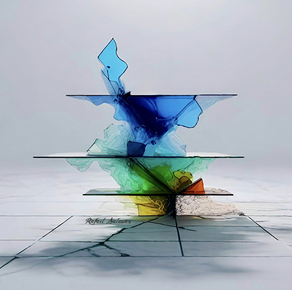 Abstract Motionalism artwork by Rafael Salazar featuring translucent blue, green, yellow, and orange forms suspended across horizontal planes.