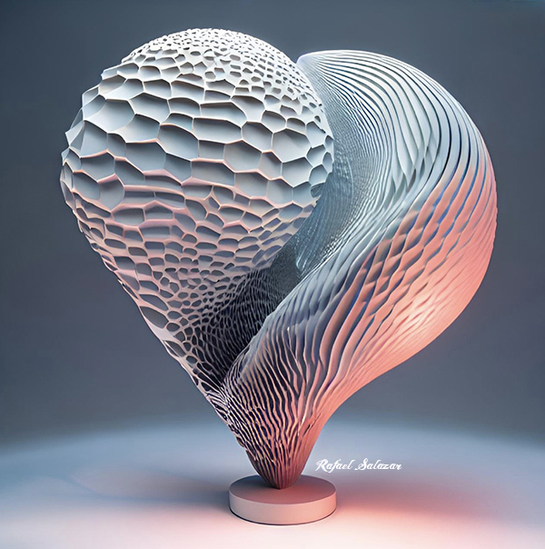 Heart-like abstract sculpture by Rafael Salazar combining cellular textures and flowing linear structures illuminated with soft blue and coral light.