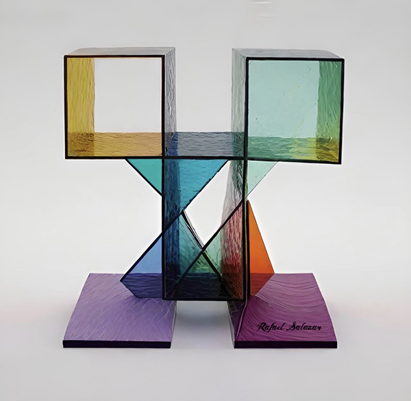 Geometric artwork by Rafael Salazar featuring transparent colored rectangular, triangular, and square forms in blue, green, yellow, orange, and violet.