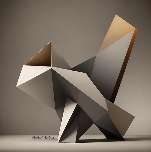 Geometric Motionalism artwork by Rafael Salazar composed of intersecting angular metallic planes in gray, black, cream, and warm gold.